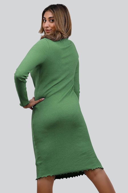 Green Crepe Ribbed Bodycon Midi Dress