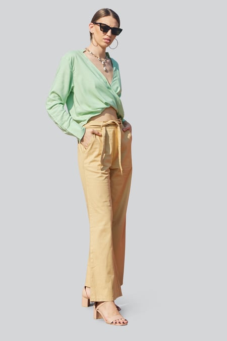 Green Long Sleeves Wrap Blouse