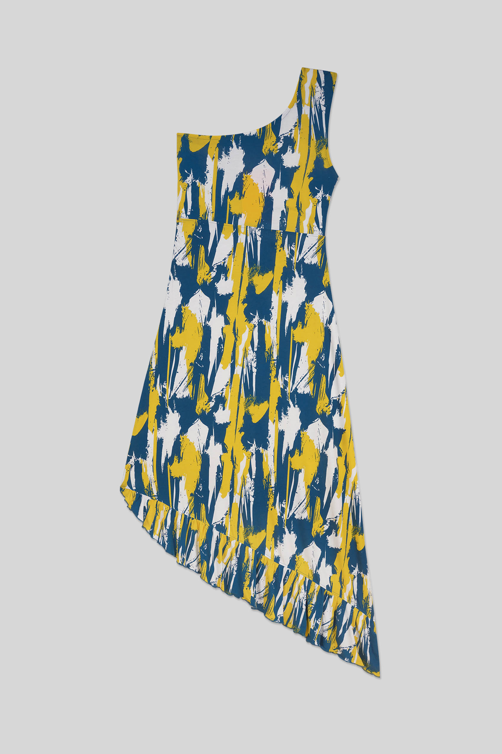 Brush Print One-Shoulder Ruffled Cutout Dress