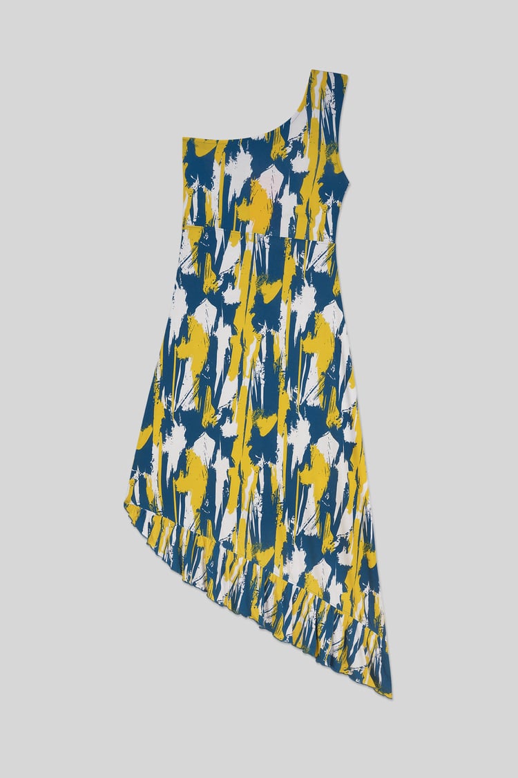 Brush Print One-Shoulder Ruffled Cutout Dress