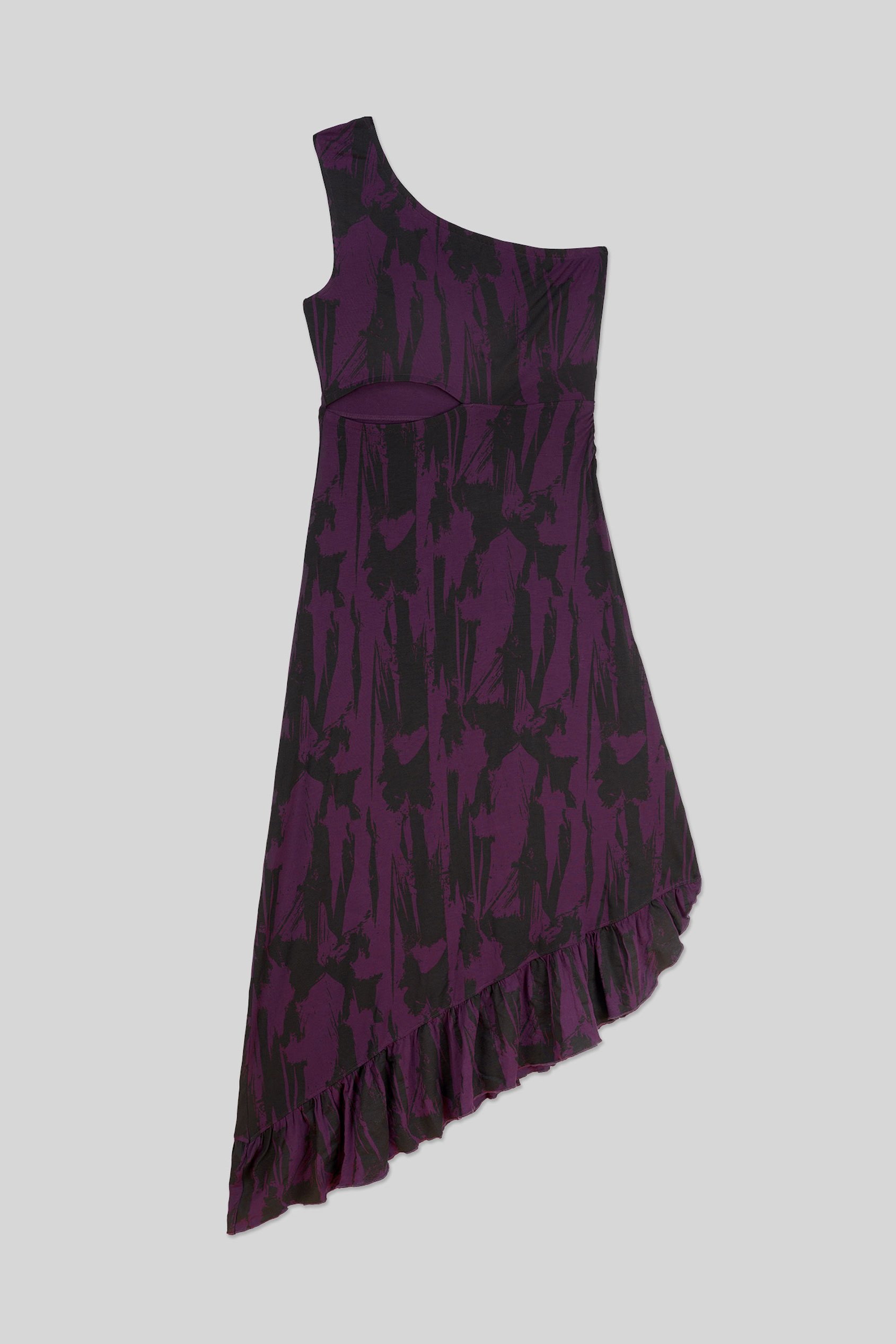 Brush Print One-Shoulder Ruffled Cutout Dress