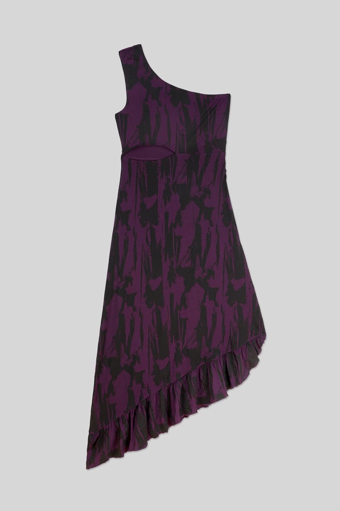 Brush Print One-Shoulder Ruffled Cutout Dress