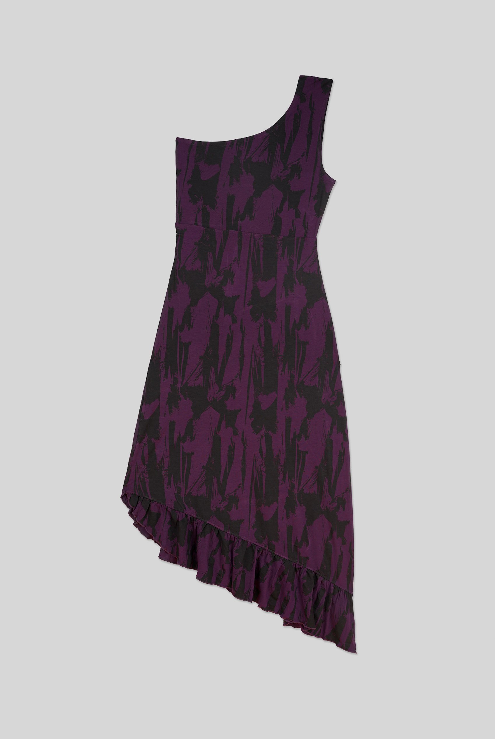 Brush Print One-Shoulder Ruffled Cutout Dress