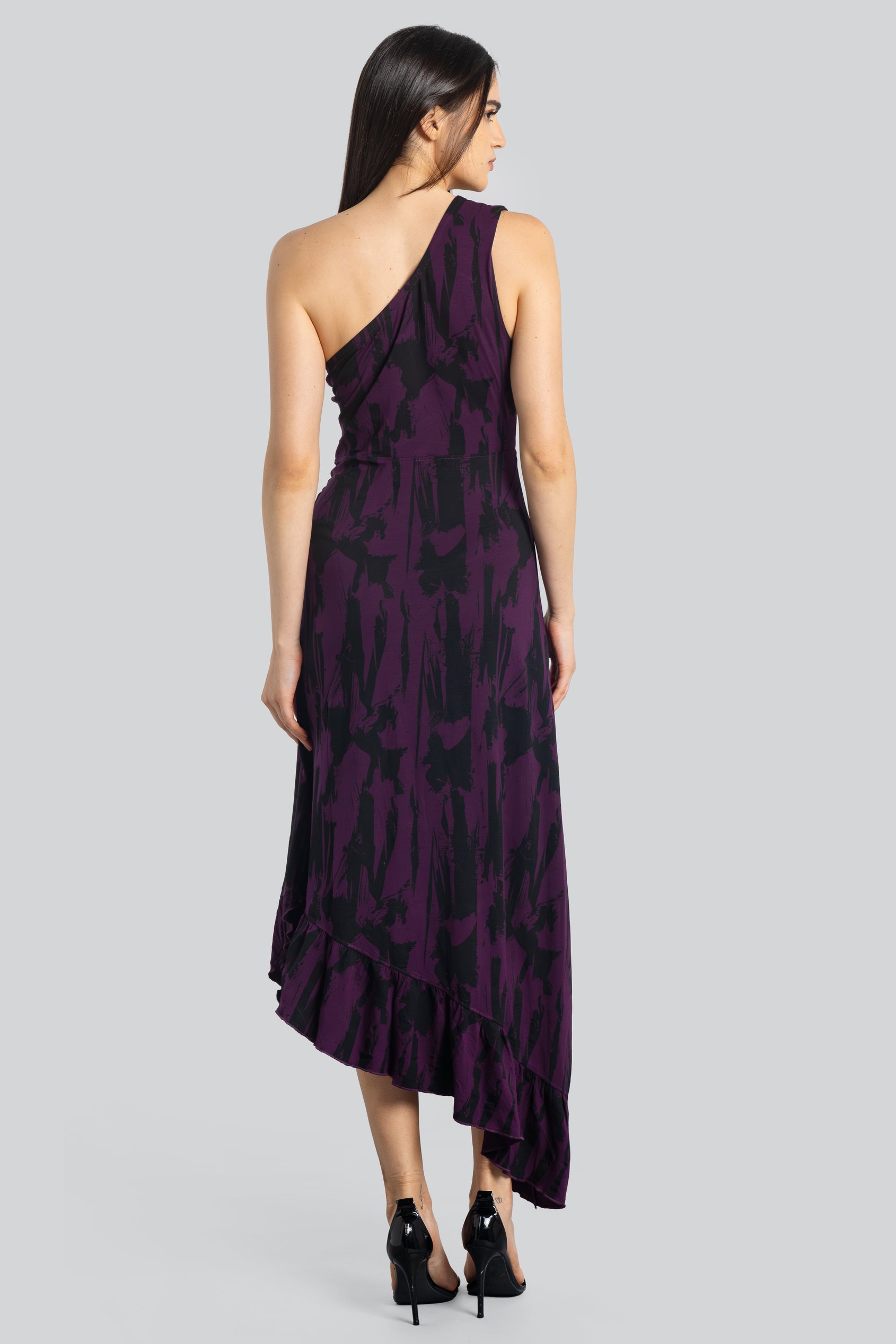 Brush Print One-Shoulder Ruffled Cutout Dress