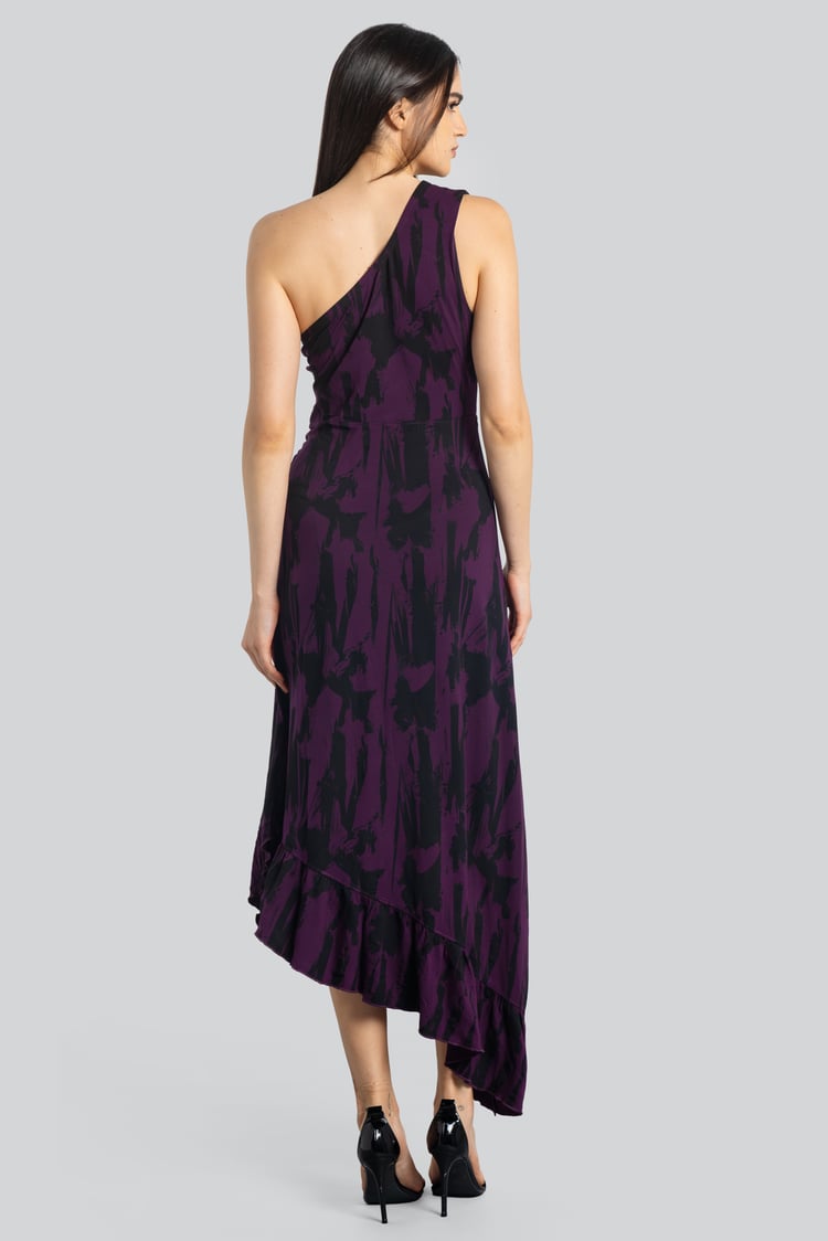 Brush Print One-Shoulder Ruffled Cutout Dress