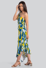 Brush Print One-Shoulder Ruffled Cutout Dress