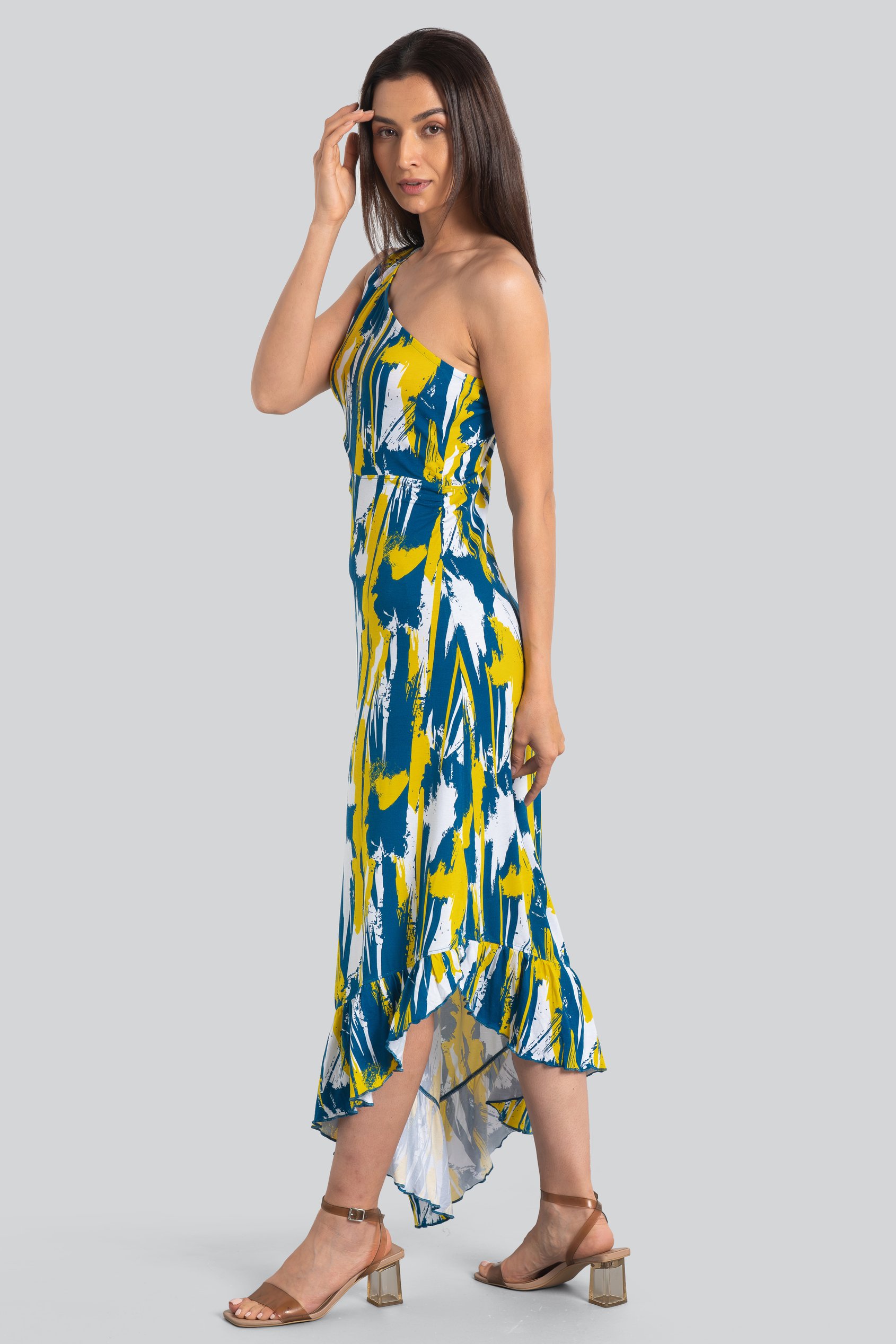 Brush Print One-Shoulder Ruffled Cutout Dress