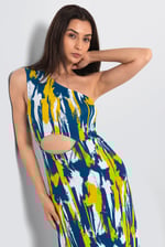 Brush Print One-Shoulder Ruffled Cutout Dress