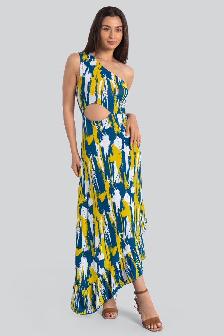 Brush Print One-Shoulder Ruffled Cutout Dress