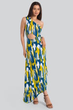 Brush Print One-Shoulder Ruffled Cutout Dress