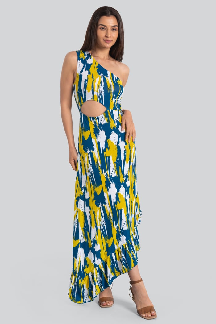 Brush Print One-Shoulder Ruffled Cutout Dress