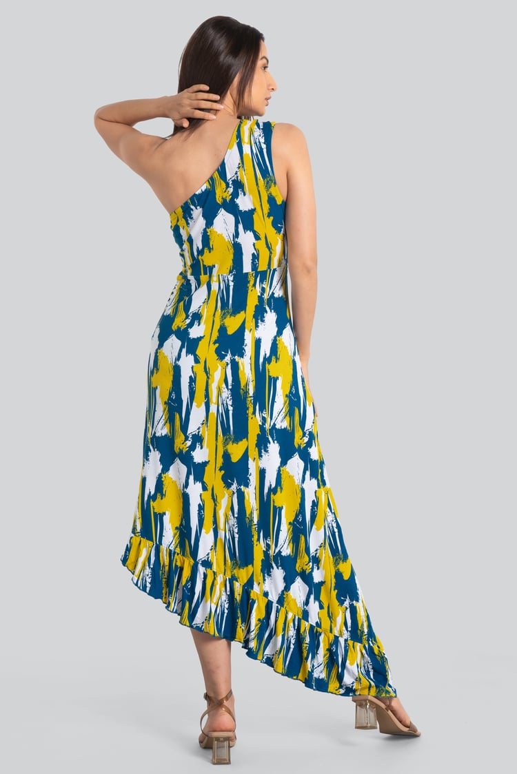 Brush Print One-Shoulder Ruffled Cutout Dress
