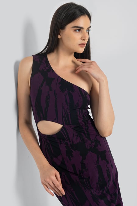 Purple Brush Print One-Shoulder Ruffled Cutout Dress