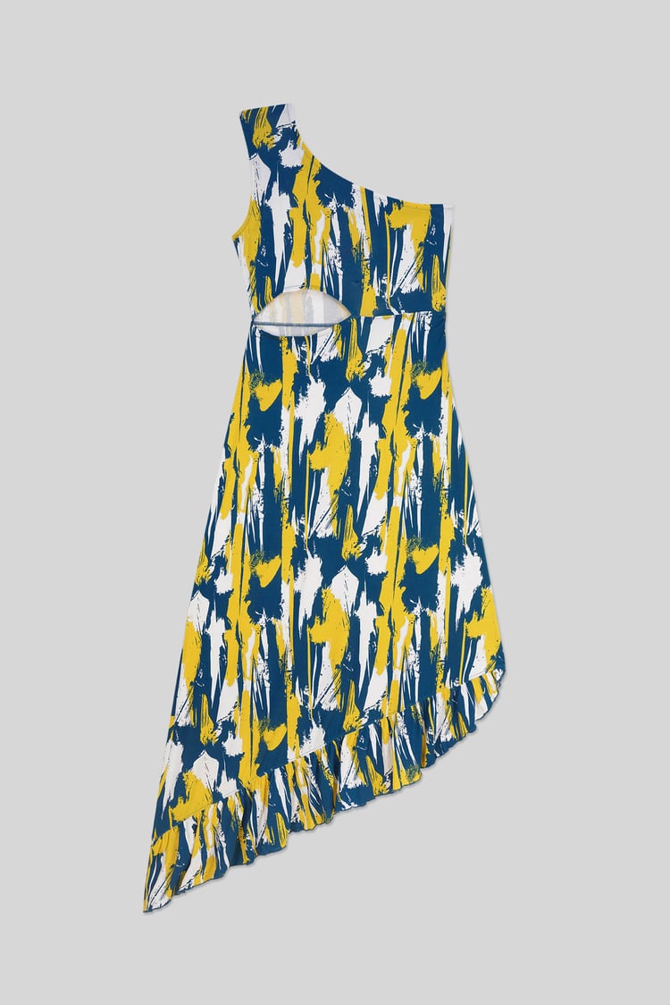 Brush Print One-Shoulder Ruffled Cutout Dress