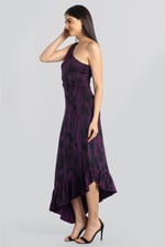 Brush Print One-Shoulder Ruffled Cutout Dress