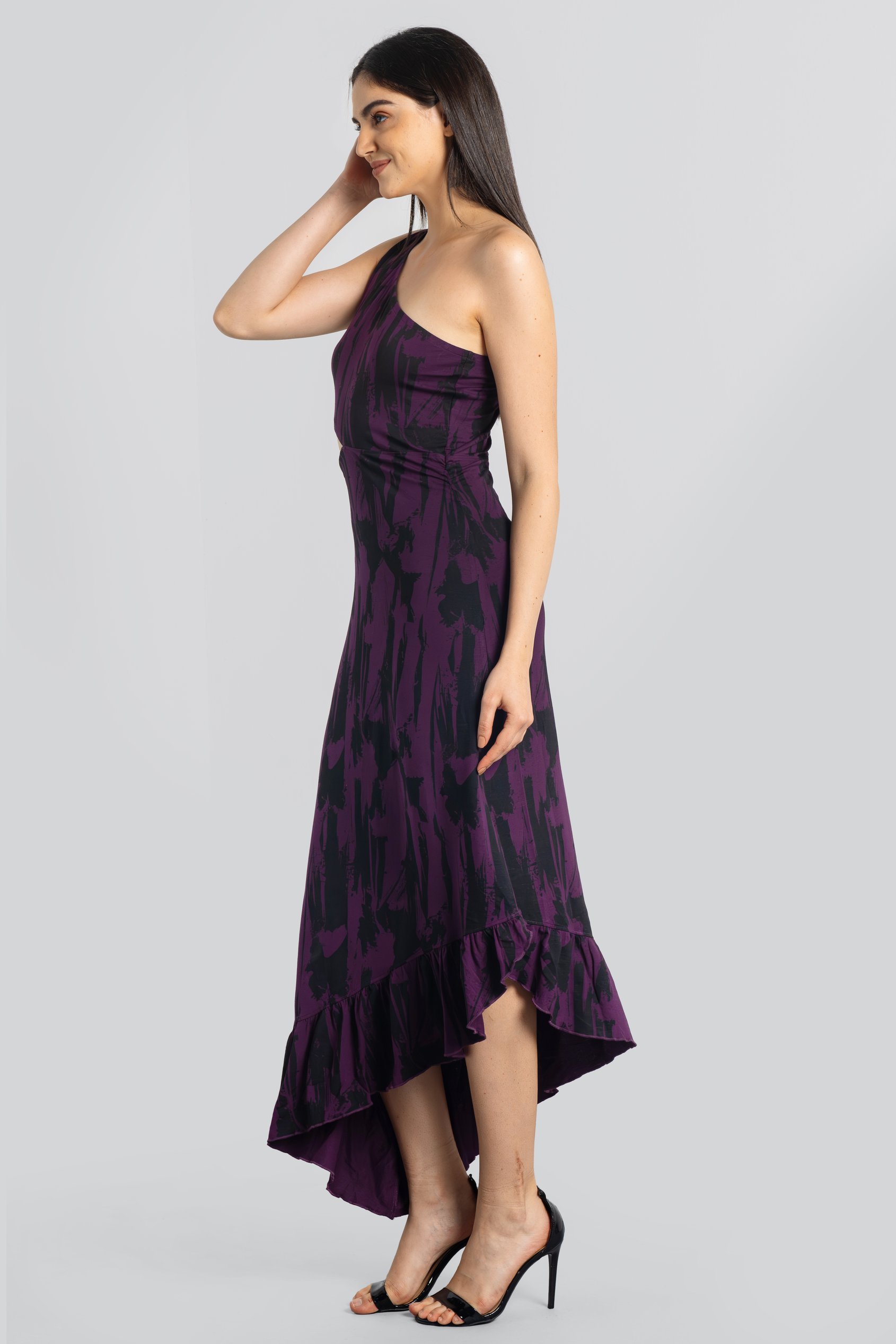 Brush Print One-Shoulder Ruffled Cutout Dress