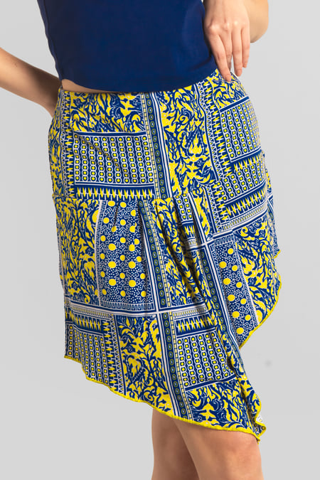 Blue Asymmetric Printed Jersey Mini Skirt