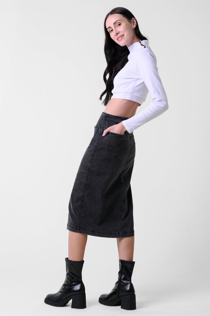 Washed Black Denim Midi Skirt