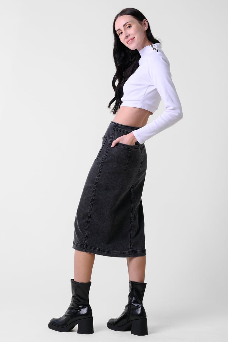 Washed Black Denim Midi Skirt