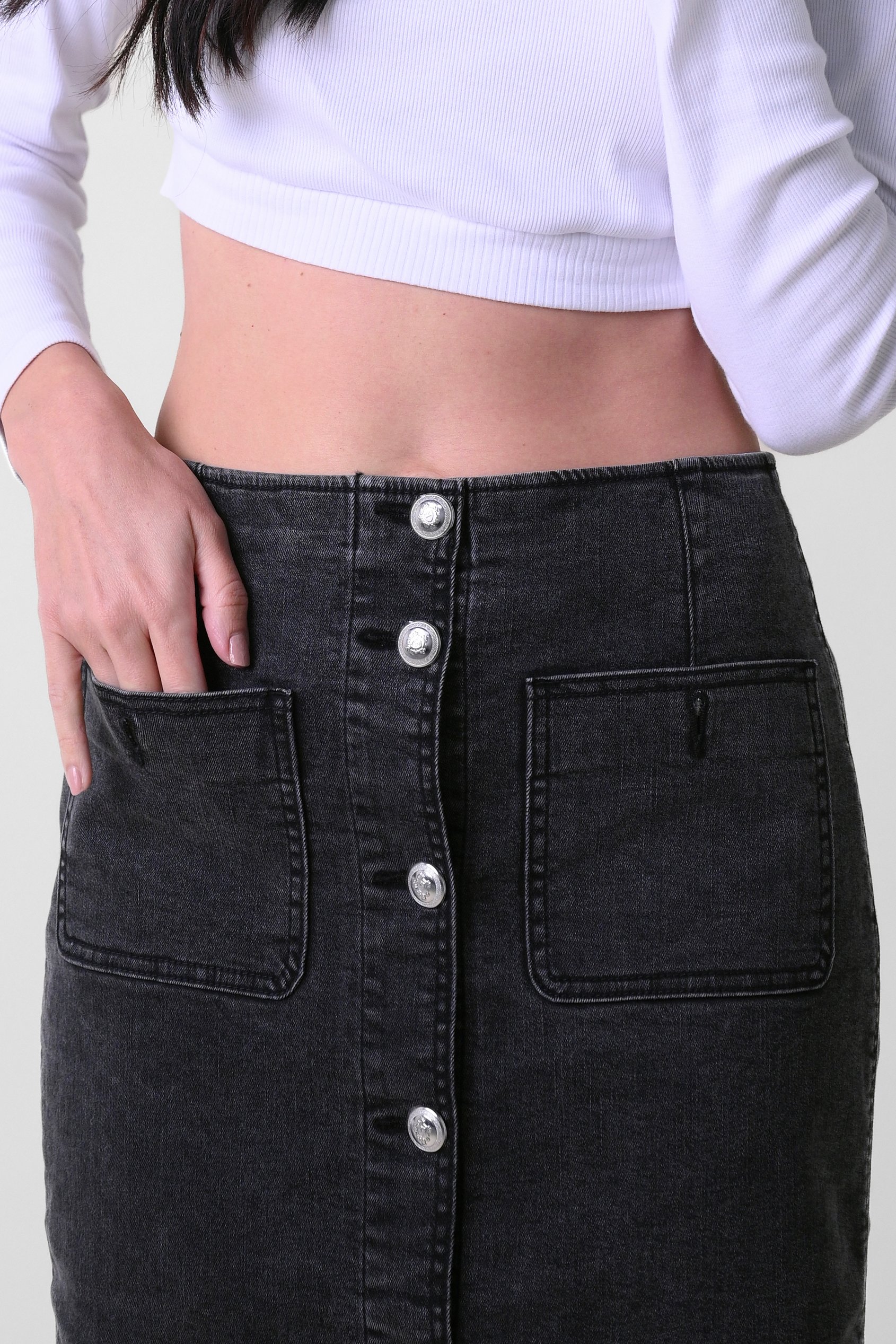 Washed Black Denim Midi Skirt