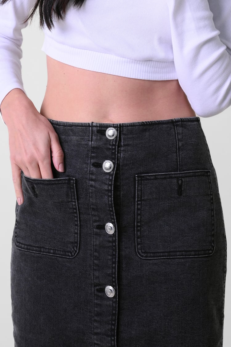 Washed Black Denim Midi Skirt