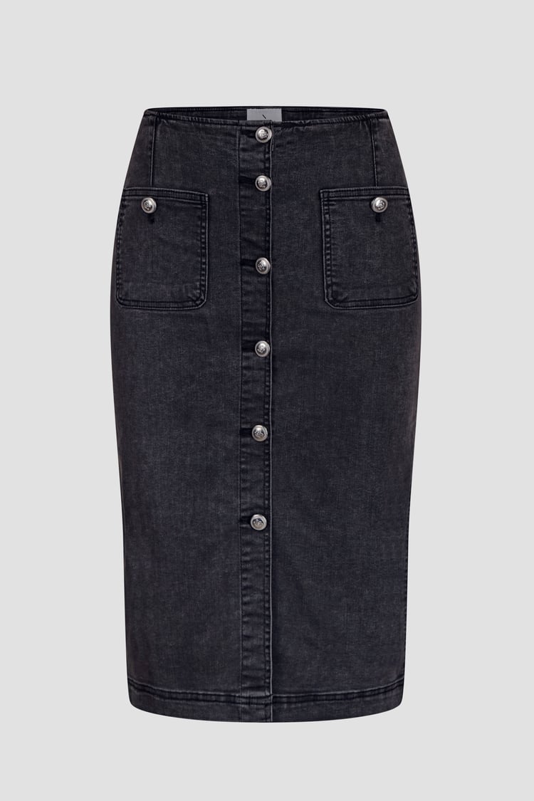 Washed Black Denim Midi Skirt