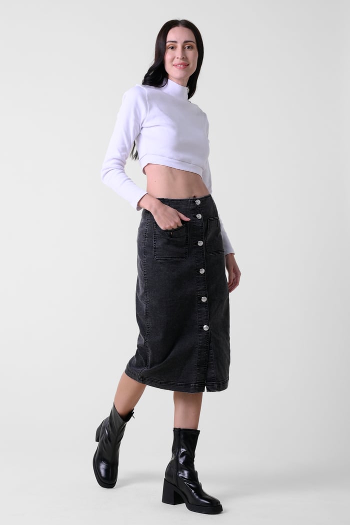 Washed Black Denim Midi Skirt