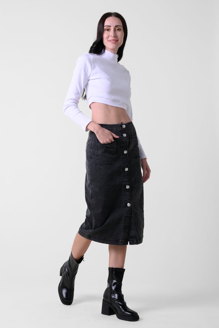 Washed Black Denim Midi Skirt