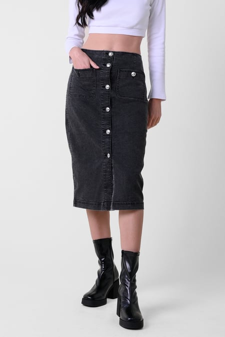 Black Washed Black Denim Midi Skirt