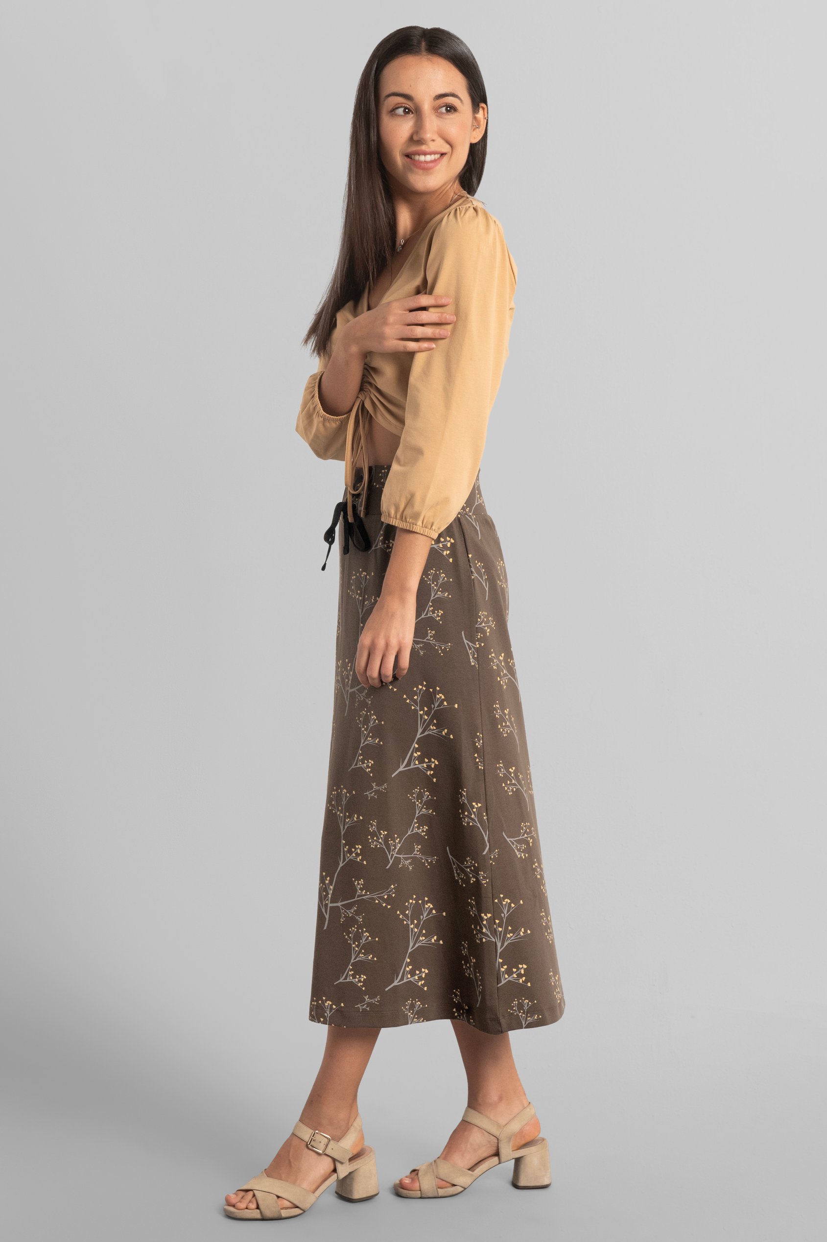 Women High Waist Lace Up A-Line Midi Skirt