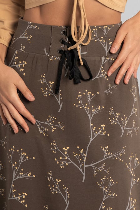 Women Brown High Waist Lace Up A-Line Midi Skirt