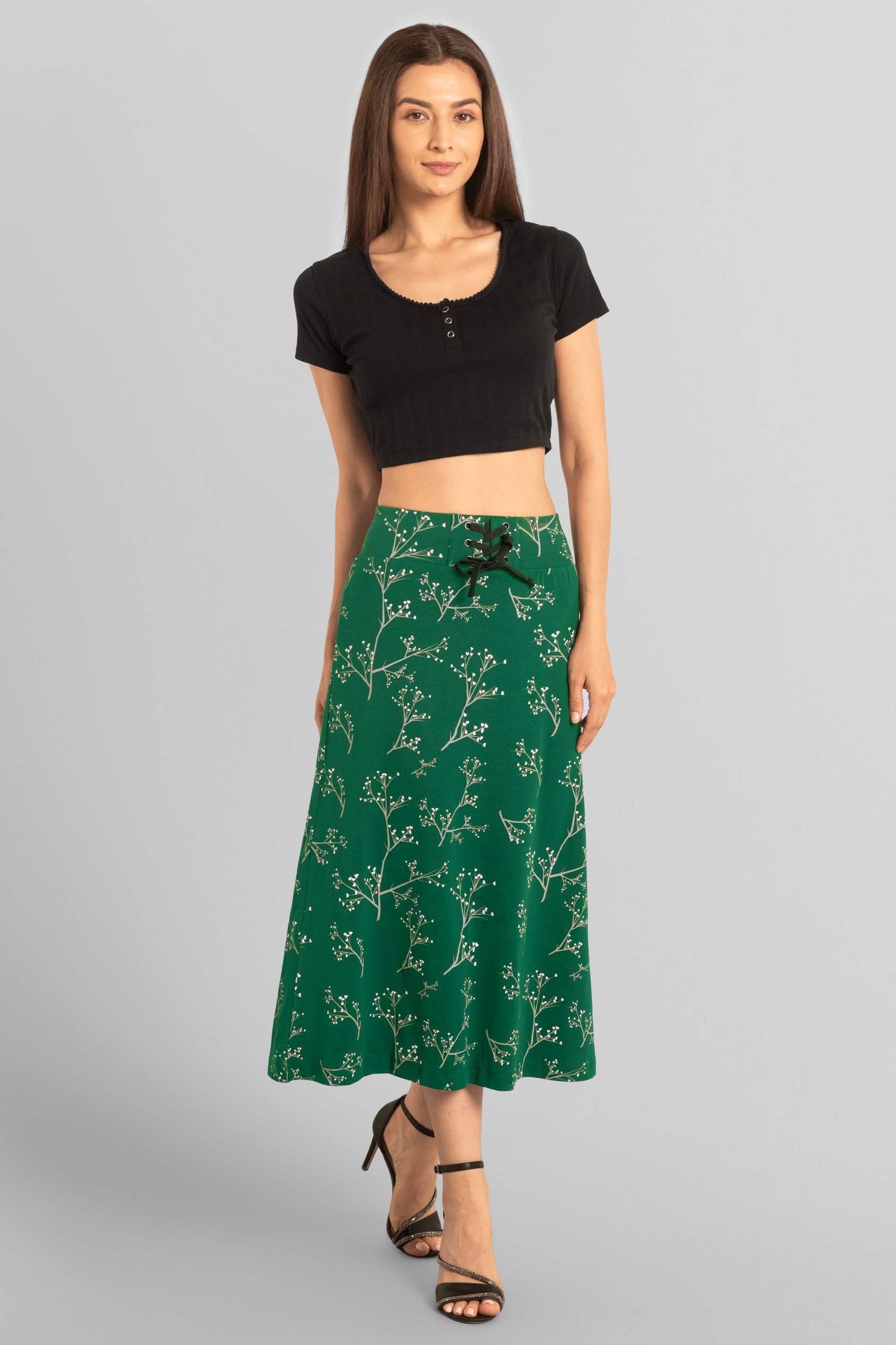 Women High Waist Lace Up A-Line Midi Skirt