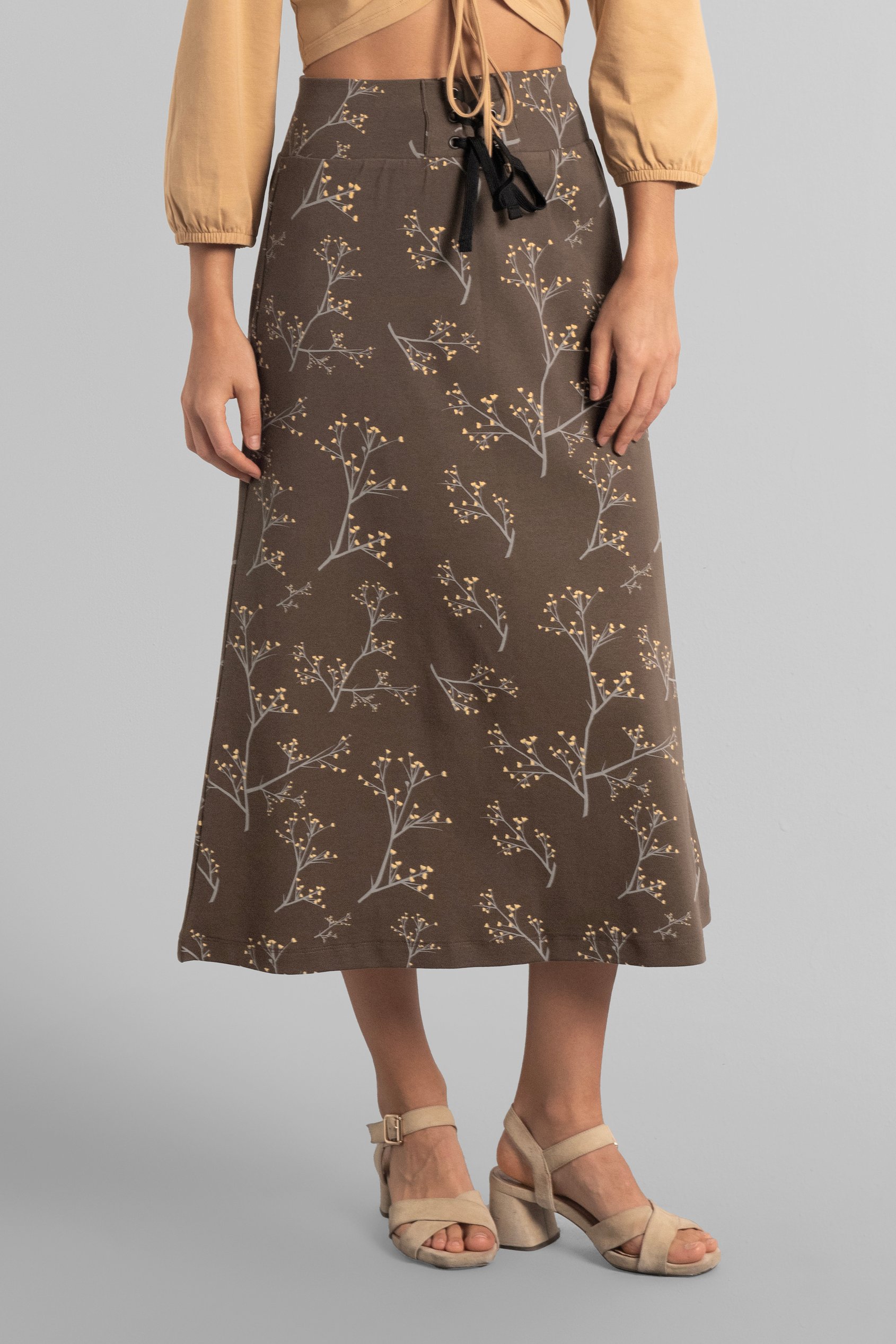 Women High Waist Lace Up A-Line Midi Skirt