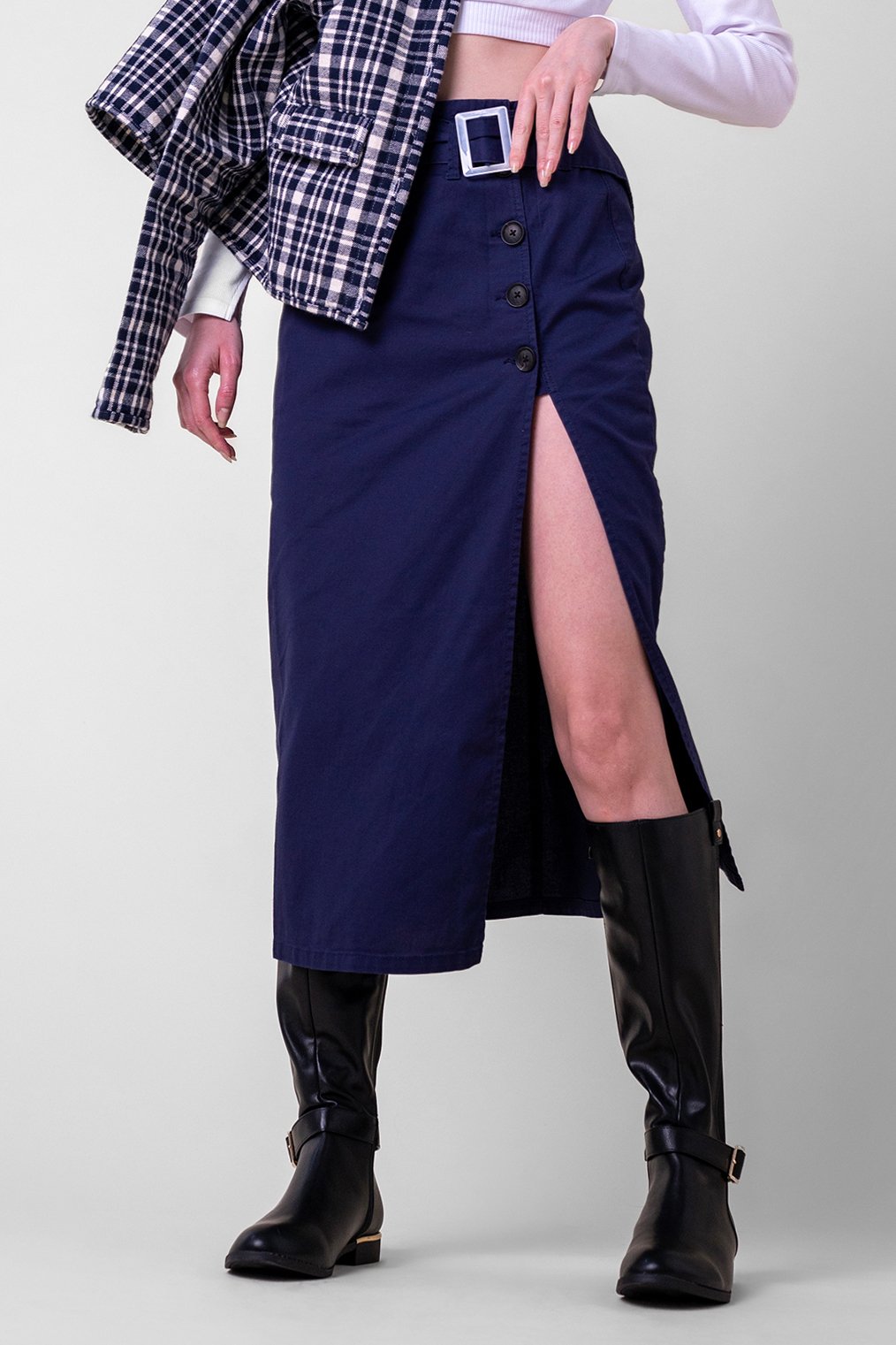 Button Detail Midaxi Skirt with Buckle Belt