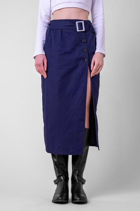 Navy Button Detail Midaxi Skirt with Buckle Belt