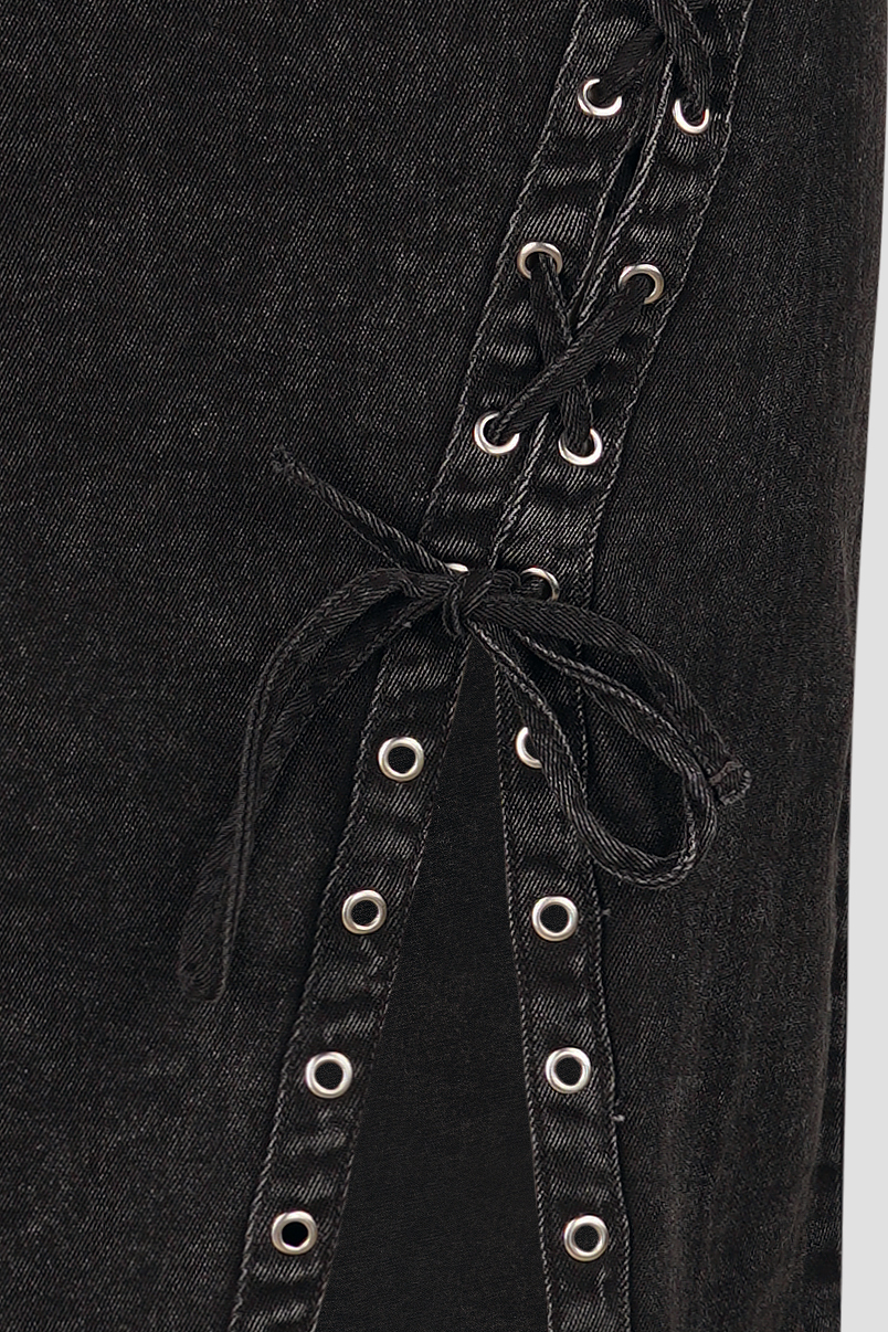 Black Denim Skirt With Asymmetric Lace Up Details