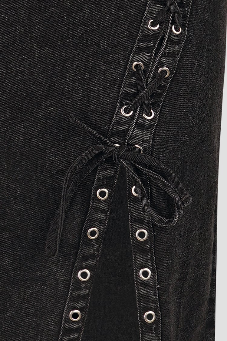 Black Denim Skirt With Asymmetric Lace Up Details