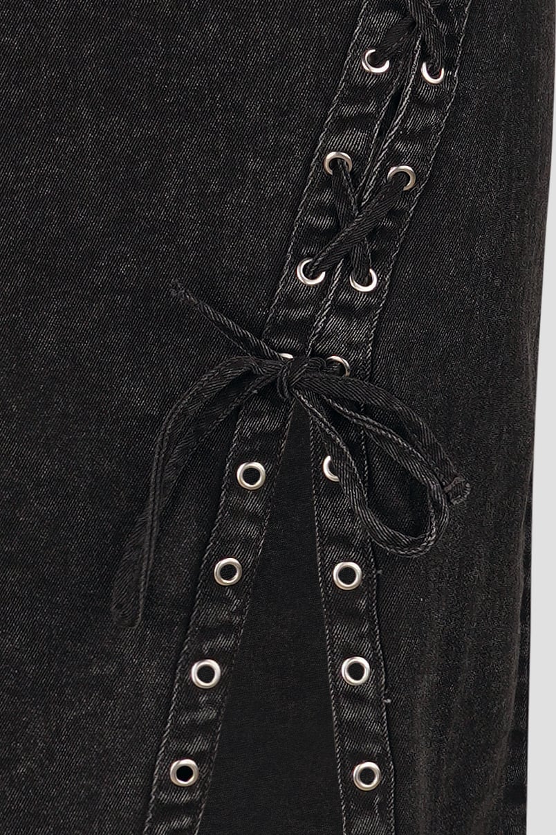 Black Denim Skirt With Asymmetric Lace Up Details