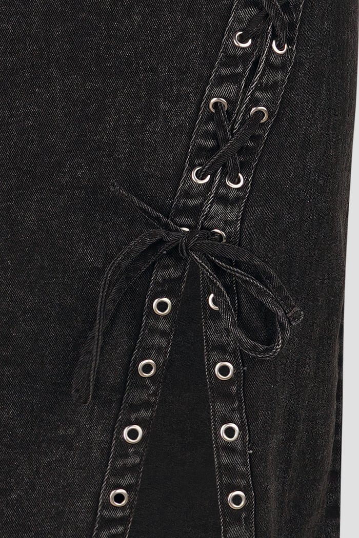 Black Denim Skirt With Asymmetric Lace Up Details