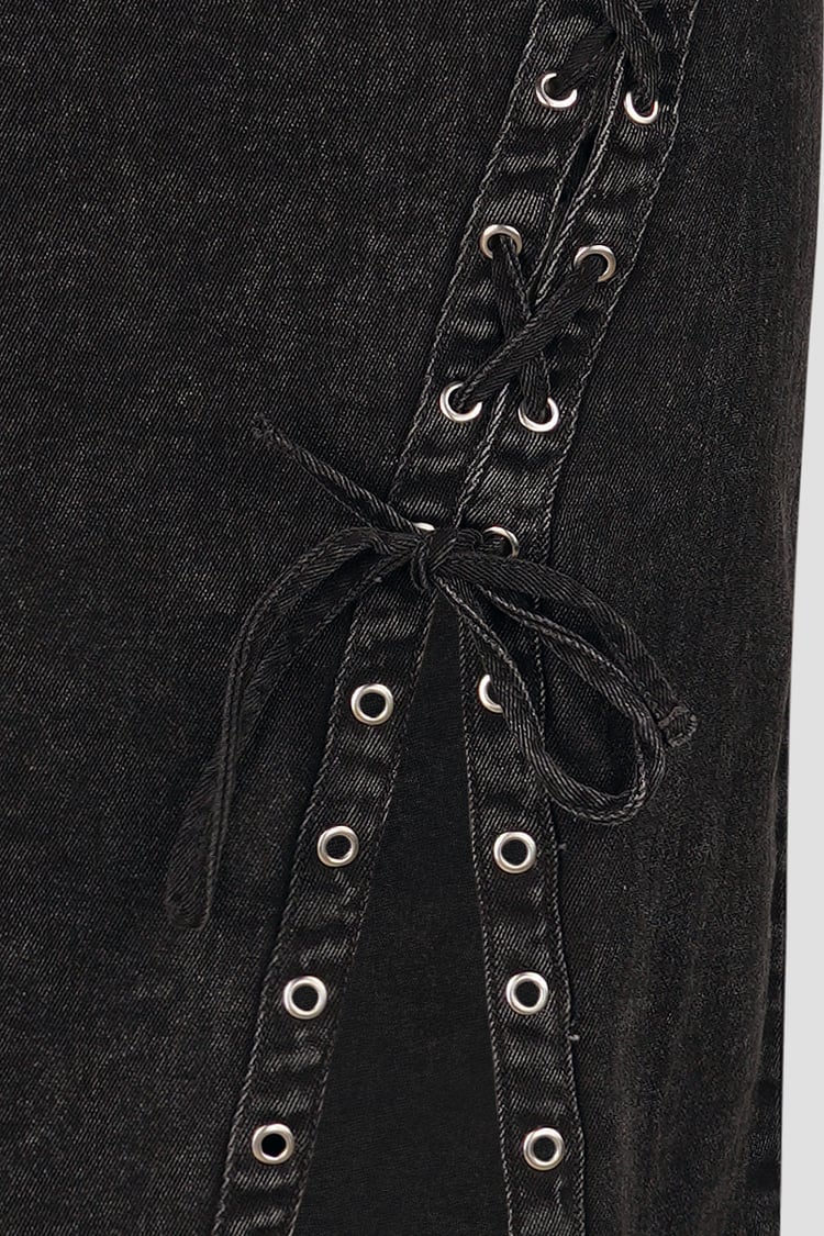 Black Denim Skirt With Asymmetric Lace Up Details