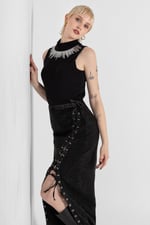 Black Denim Skirt With Asymmetric Lace Up Details