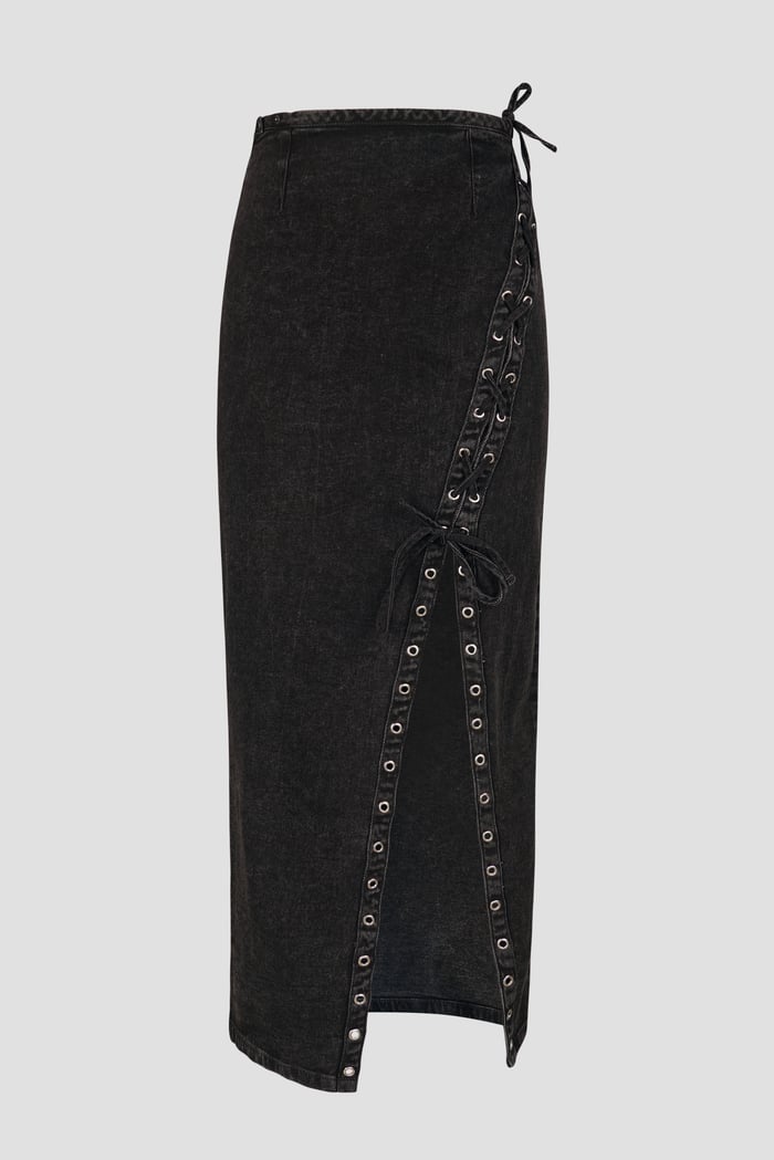 Black Denim Skirt With Asymmetric Lace Up Details
