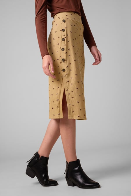 Gold Side Button Split Ribbed Skirt