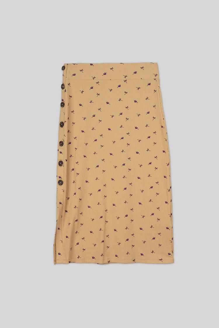 Side Button Split Ribbed Skirt