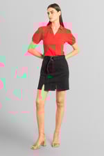 Belted Denim With Front Slit Mini Skirt