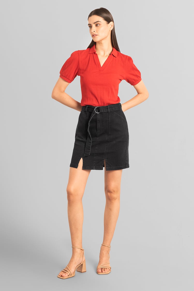 Belted Denim With Front Slit Mini Skirt