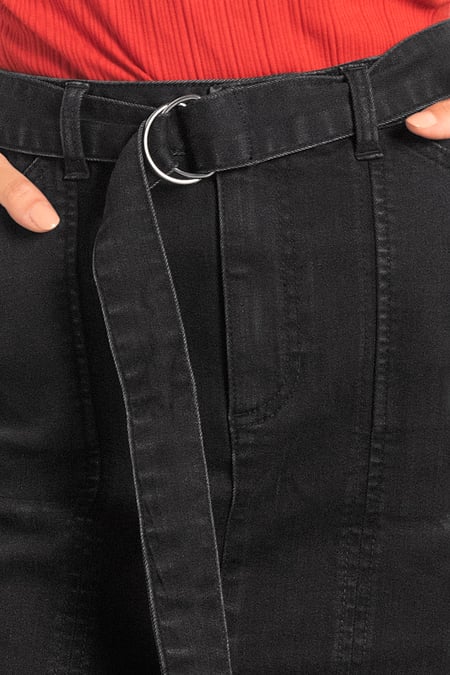 Black Belted Denim With Front Slit Mini Skirt