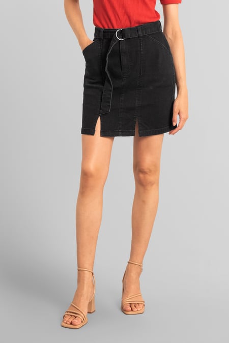 Black Belted Denim With Front Slit Mini Skirt