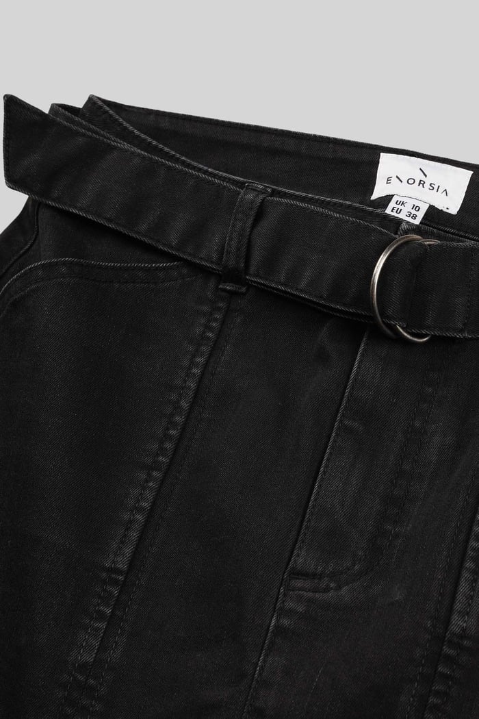 Belted Denim With Front Slit Mini Skirt