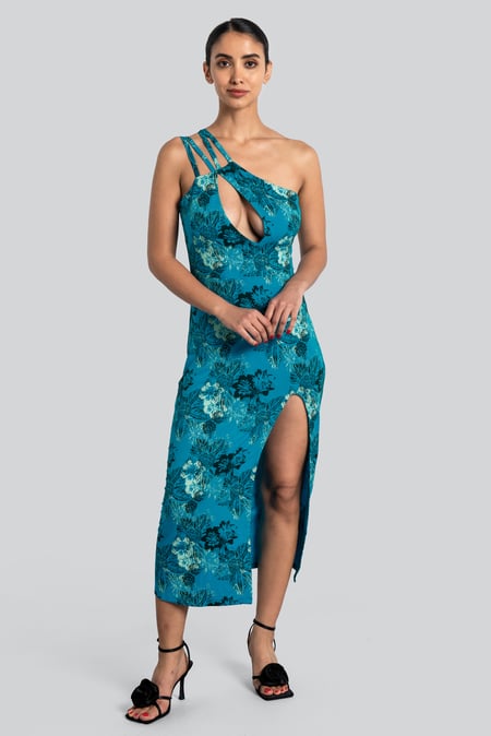 Green One Shoulder Floral Printed Maxi Dress